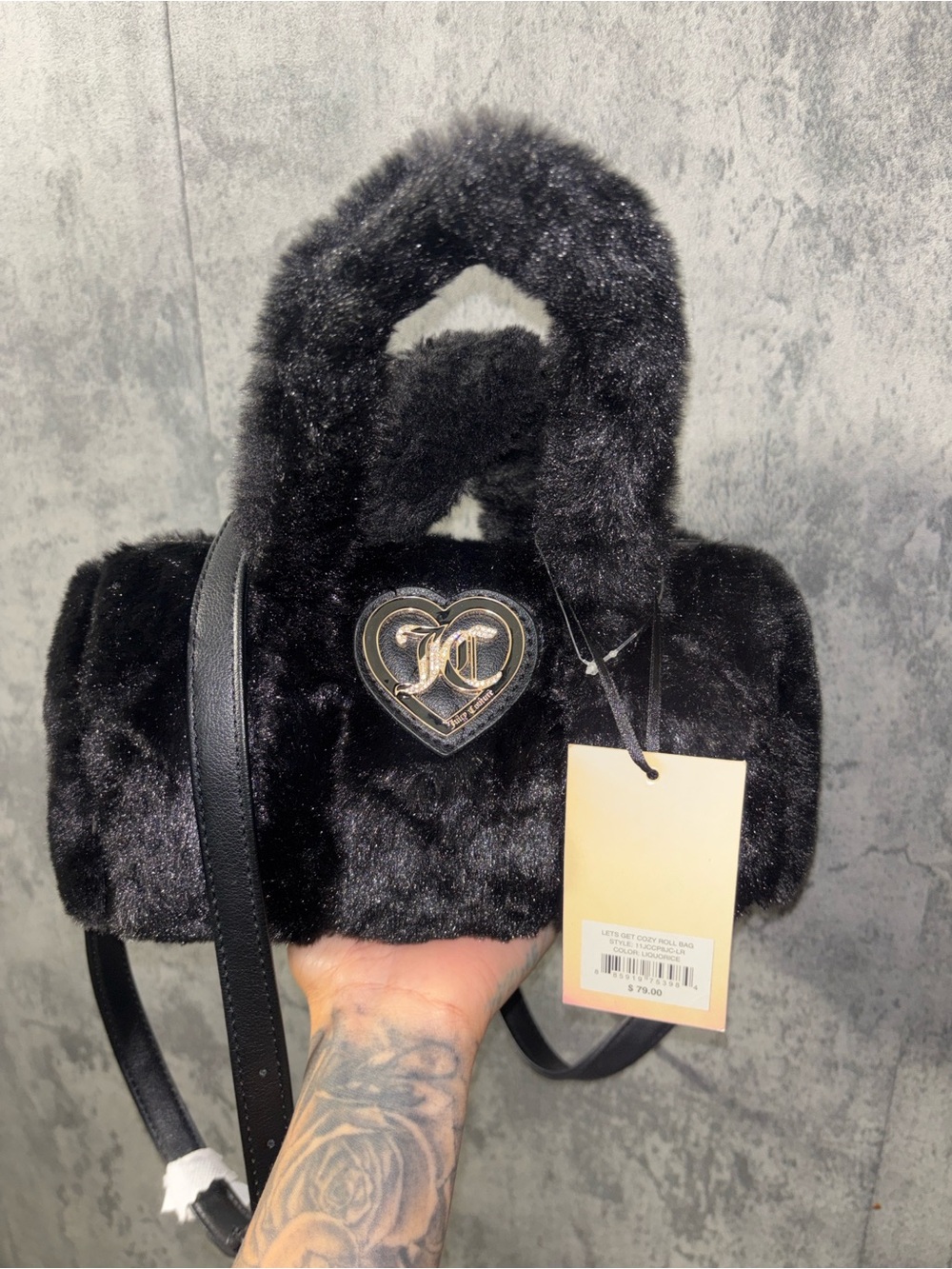 Juicy Couture Black Faux Fur Mini Bag with Heart Emblem